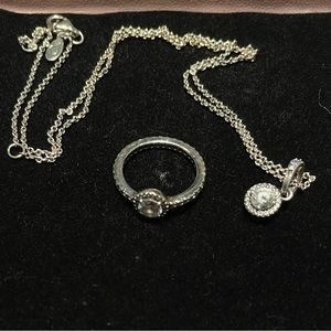 Pandora Classic Sparkle Halo Pendant Necklace & Ring (Size 5) Set